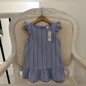 🦢 2T Toddler Blue Striped Ruffle Cotton Linen Drop Waist Dress NWT